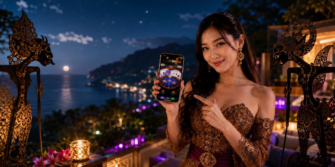 Pengguna mengakses mobile casino di tepi pantai, menggambarkan kebebasan akses platform VIP dari mana saja