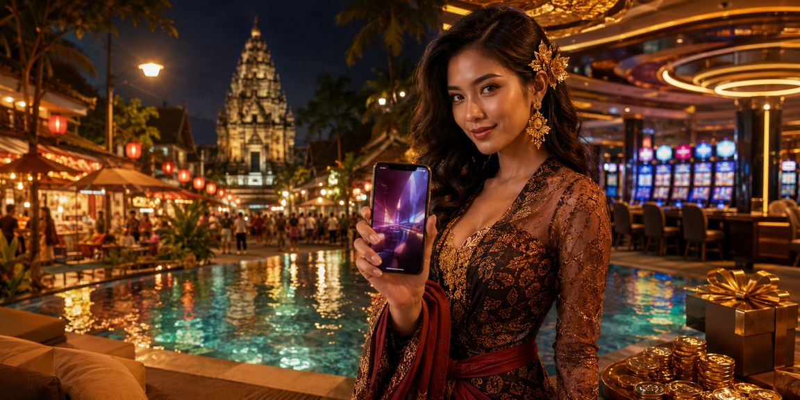 Pengalaman mobile casino di pasar malam yang dinamis, menggambarkan akses hiburan online lewat ponsel