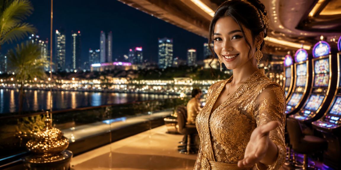 Model memainkan slot game di layar dengan tampilan antarmuka modern dan intuitif